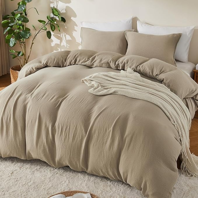 EMME Muslin Cotton Duvet Cover Set Khaki King Size Linen Like Soft Breathable Lightweight Summer Comforter Cover Set with Zipper Closure (Khaki, King, 104"x90")
