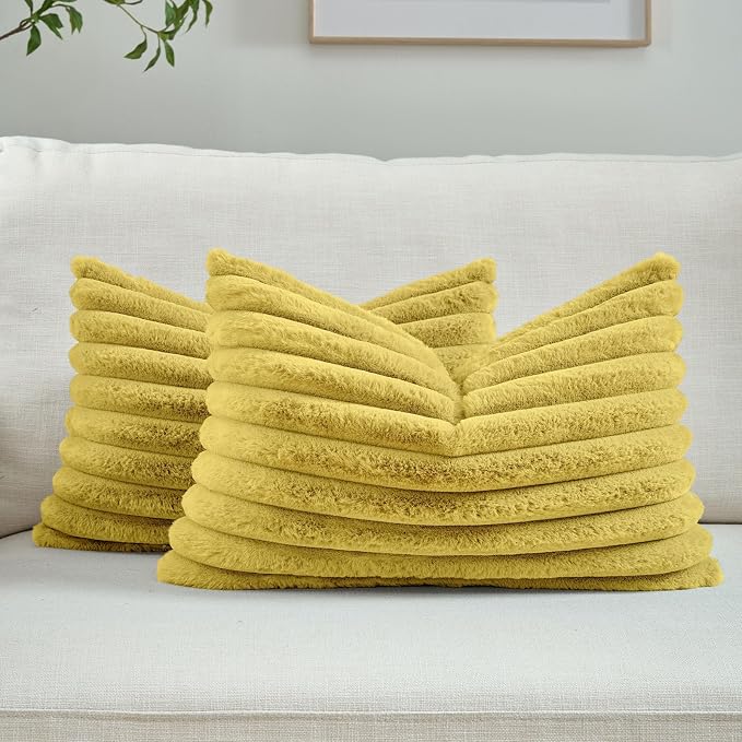 FUTEI Pack of 2 Faux Fur Throw Pillow Covers 12x20 Inch, Mustard Yellow | Fluffy Faux Rabbit Fur Front/Premium Velvet Back,Hidden Zipper,Machine Washable,Non-Shedding,Colorfast,Insert Not Included.