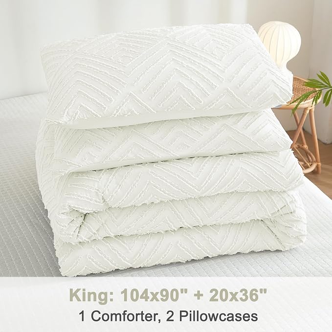 Litanika King Size Comforter Set, 3 Pieces Ivory Tufted Boho Bedding Set | Farmhouse Shabby Chic Vintage Bohemian Textured Aesthetic Soft Fluffy Lightweight Breathable All Season Bed Set for King Bed