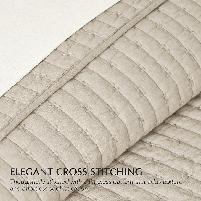 Cross Stitch Pre-Washed Cotton Quilt Bedding Set Queen Size, Oversized 3 Pieces Lightweight Bedspread Coverlet for All Season, with 2 Matching Shams, Birch, 92"x96"