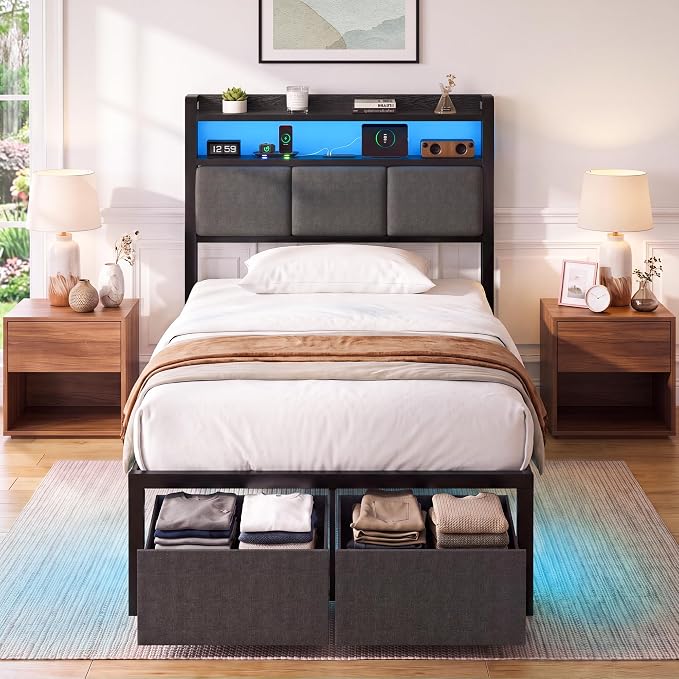 Twin Bed Frames with 2 Storage Drawers, Platform Bed with LED Lights & Charging Station, Upholstered Headboard with 2-Tier Shelves, Heavy Duty Metal Sltats, No Box Spring Needed, Noise Free