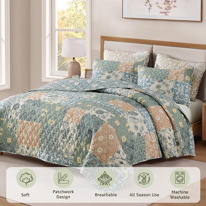 Twin Quilt Set-2 Pieces Soft Twin Bedspread Floral Patchwork Quilt | Lightweight Green Quilt, Reversible Vintage Floral Bedding Set, All Season Bed Coverlet with 1 Pillow Sham, 66"x92"
