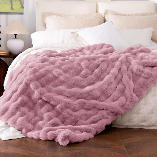Ultra Soft Cozy Faux Fur Throw Blanket, Fuzzy Plush Thick Bubble Blanket, Oversize Luxury Fluffy Blanket for Couch, Bed, and Living Room, 60x80 Inches, Pink