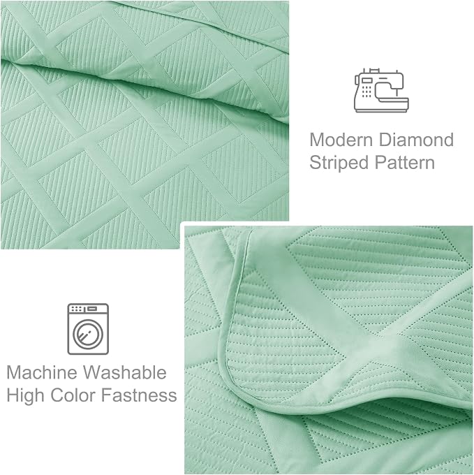 Exclusivo Mezcla Quilts Queen Size, Light Green | Soft Bedspreads with 2 Pillow Shams, Modern Striped Pattern, Lightweight Bedding Set Coverlets for All Seasons, 90x96 Inch