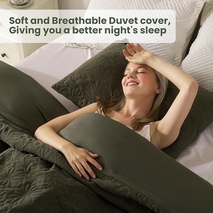 Velvet Olive Green Super Soft Twin Size Floral Textured Duvet Cover Set, 2 Pcs Bedding Comforter Covers with Button Closure for All Seasons, Includes 1 Duvet Cover and 1 Pillowcase (Olive, Twin Size)