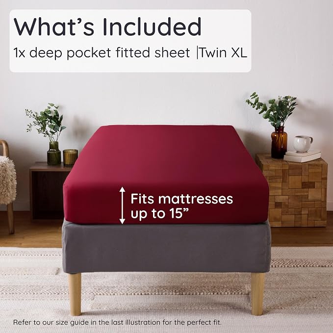 Bambaw 100% Viscose Derived from Bamboo Fitted Sheet Twin XL - Single Fitted Sheet Twin XL, Cooling, Soft & Breathable, Deep Pocket Fits Up to 15" Mattresses, Secure Fit with Elastic Straps (Burgundy)