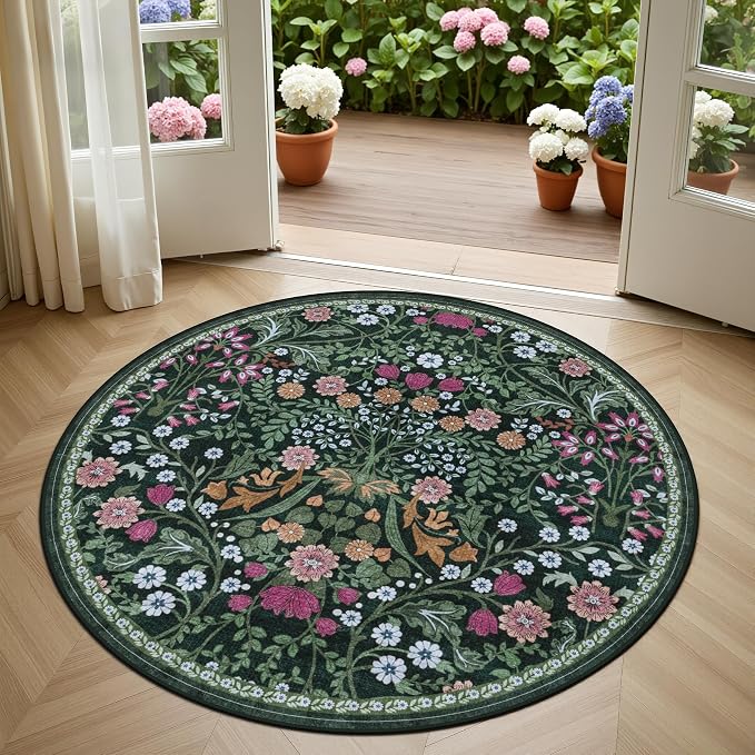 PLHXFR Round Area Rug Living Room: 4 ft Floral Washable Carpet Dark Green | For Bedroom Dining Room Farmhouse Nursery Hallway,Vintage Floral,Machine washable,Non Slip,Stain Resistant,Large Indoor
