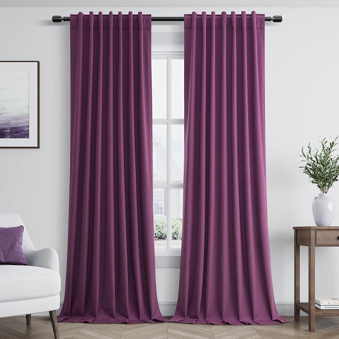 100% Blackout Curtains 84 Inch Length 2 Panels Set for Living Room Bedroom Back Tab Thermal Insulated Black Out Linen Drapes Room Darkening New Purple,52x84