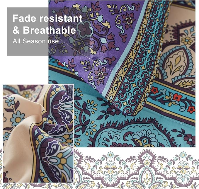 Cottolester Boho Comforter Set Full Size 8 Piece Bed in a Bag Bohemian Striped Bedding Quilt Set Aqua Paisley Floral Comforter and Sheet Set,Soft Microfiber Complete Bedding Sets for All Season
