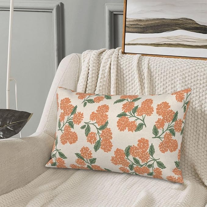 Fall Burnt Orange Pillow Covers 12x20 Inch 2 Pcs Green Hydrangea Flower Decor Throw Pillows Vintage Floral Seasonal Autumn Outdoor Decoration Pillowcase Linen Cushion Cover for Couch Sofa