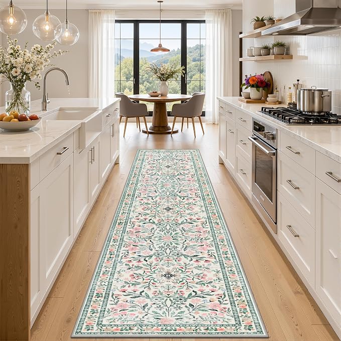 PLHXFR 2.6x10 Washable Runner Rug：Floral Indoor Kitchen Carpet Green Beige | For Hallway Bedroom Kitchen Laundry Bathroom Dorm,Vintage Floral,Machine washable,Non Slip,Stain Resistant,Indoor Floor