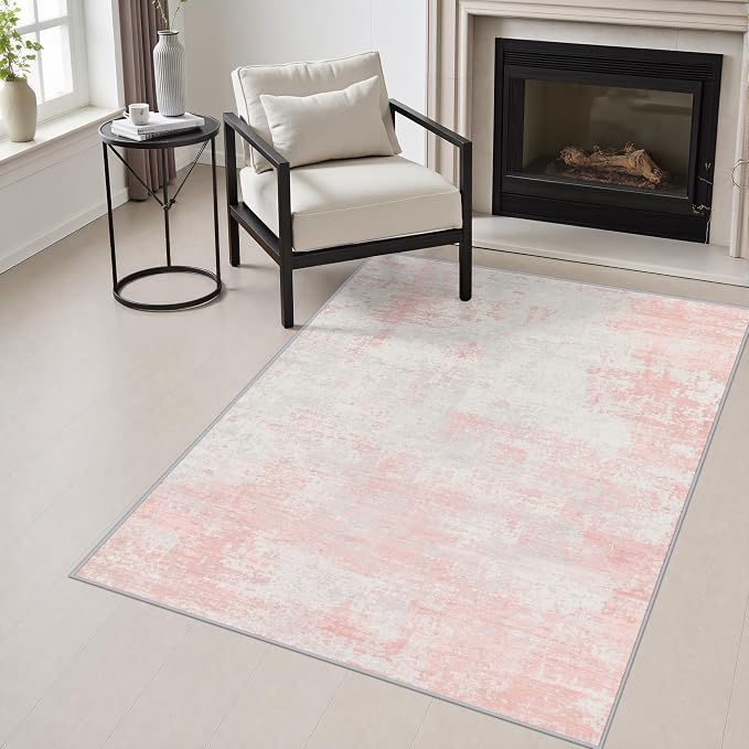 Area Rug Living Room: 3x5 Modern Washable Soft Carpet Pink White | For Hallway, Bedroom, Kitchen, Laundry, Bathroom,Door Mat,Modern Abstract,Machine washable,Non-Slip,Stain Resistant,Indoor