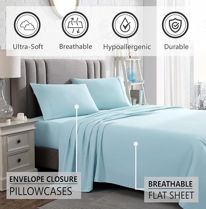 American Home Collection Queen Sheet Set - Ultra-Soft Microfiber 15-Inch Deep Pocket - Wrinkle Free and Fade Resistant (Misty Blue)