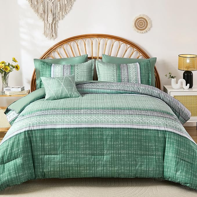 Boho Queen Comforter Size Set, 8 Pieces Sage Green Striped Texture Bed in a Bag Bedding Sets, Lightweight Soft Comforter and Sheet Set, All Season Microfiber Teen Boys Bedding Sets for Men Women