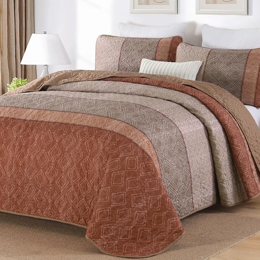 Cottolester Boho Quilt Set Queen,3 Pcs Red Orange Striped Plaid Bedspread | Ultra Soft Fall Lightweight Coverlets Set for Men Women,Microfiber Patchwork Quilt Bedding Sets for All Seasons 96"x90"
