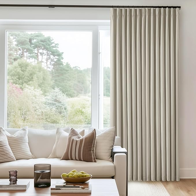 Oatmeal Pleated Linen 100% Blackout Curtains 90 Inches Long for Bedroom | Pinch Pleat Rings Hooks Back Tab, Black Out Thermal Insulated Room Darkening, Neutral Curtains with Liner, for Living Room