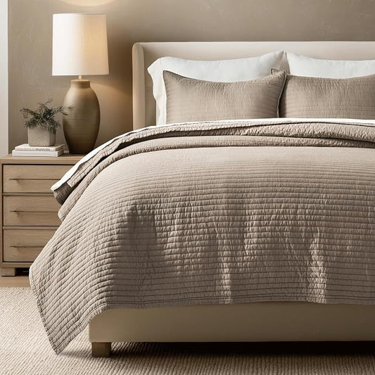EVERGRACEHOME Cotton Sateen Quilt Set, King Size, Stone Taupe | 100% Cotton, Channel Stitch Coverlet Bedspread, Pre-Washed Lightweight Soft Bedding Set for All Season, 3 Piece, with 2 Shams
