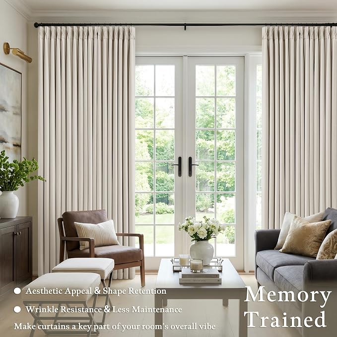 60 Inch Wide Pinch Pleated 100% Blackout Curtains 90 Inches Long, Natural | Memory Trained, Thick Linen with 2 Layer, Thermal Insulated Noise Reducing Light Blocking, for Living Room Bedroom 1 Panel