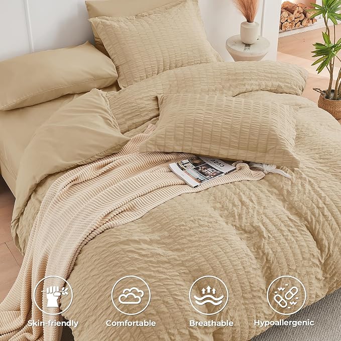 HYMOKEGE Khaki Oversized Queen Comforter Set Seersucker 7 Pieces, All Season Luxury Bed in a Bag for Bedroom, Bedding Set with Comforter, Sheets, Pillowcases & Shams