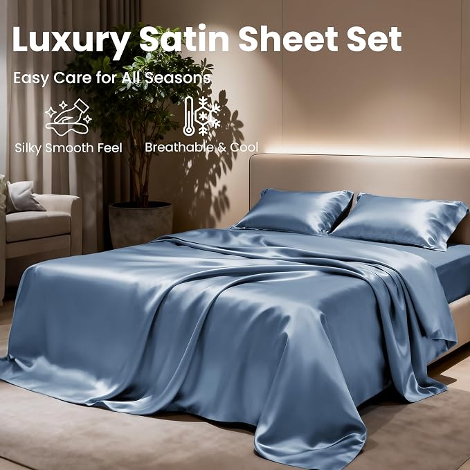 Love's cabin Satin Queen Sheets Set - 4 Piece Ash Blue Silky Bed Sheets Set with Deep Pocket, Luxury Silk Feel Satin Queen Size Sheet Set (1 Flat Sheet,1 Fitted Sheet,2 Pillow Cases)