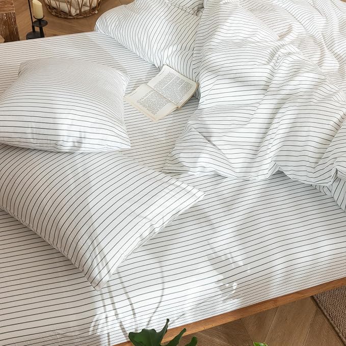 MooMee Striped Duvet Cover Set 100% Washed Cotton Linen Like Oversized King | Relaxed Linen-like Texture. Soft, Breathable & Long-lasting Comfort. Lightweight. Hidden Zipper with 8 Interior Corner Ties