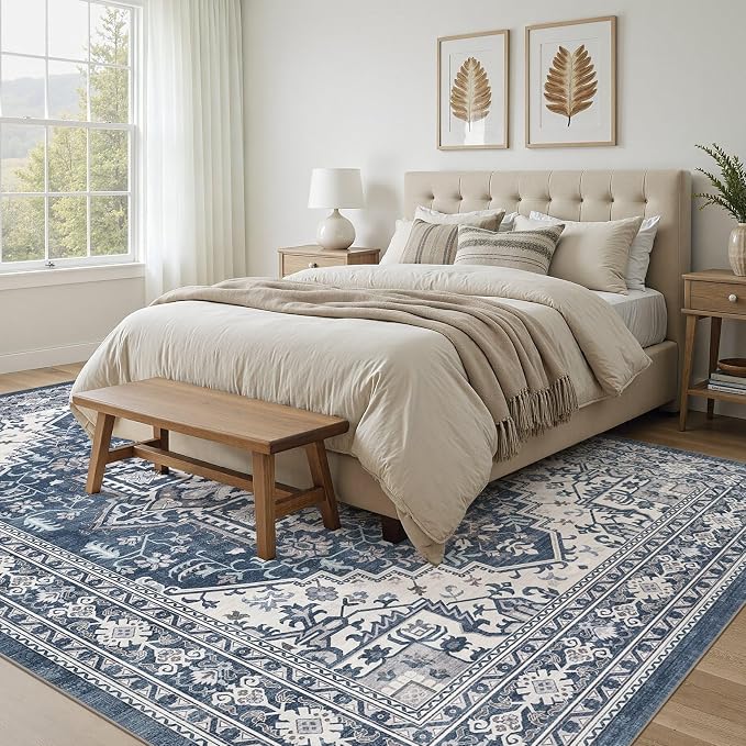 UERMEI 6x9 Area Rug for Living Room - Washable Vintage Carpet, Non-Slip Soft Large Indoor Floor Rugs for Bedroom Home Office & Under Dining Table Decor, Denim Blue/White