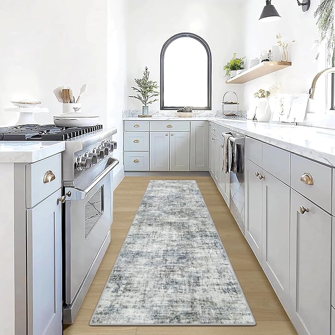 2'6''x8' Runner Rugs Washable Rug:Modern Abstract Hallway Blue Multi Carpet | Non-slip TPE backing makes this washable soft low-pile rug safe & durable, Pet-friendly decor for dining room,nursery,office