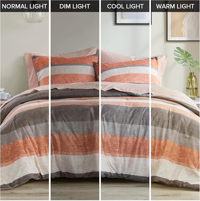 Madison Park Essentials Jaxon King Comforter Set, Bed in A Bag Comforter & Sheet Set, Modern Casual Stripes Print, All Seasons, Soft Bedding Makeover, Matching Sham, King Coral/Grey 7 Piece