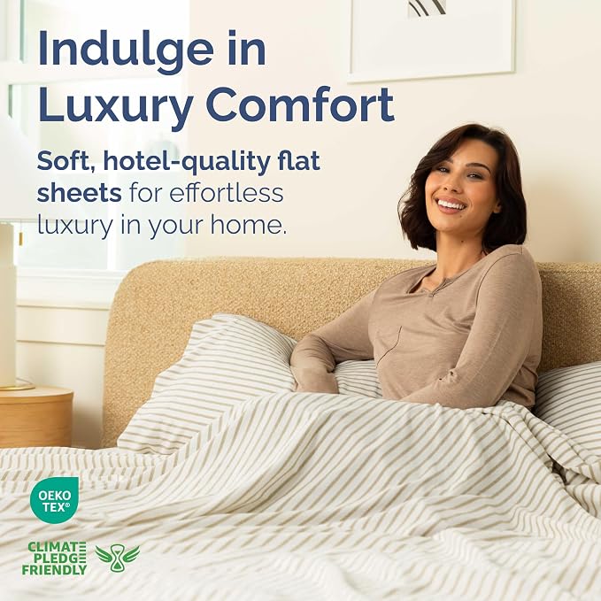 Cal King Flat Sheet - Single Top Flat Sheet Only - Cooling - Beige Stripes | Hotel Luxury Top Flat Sheet Only, Ultra-Soft, Breathable & Cooling, Fade & Wrinkle Free, Easy-Care, Stain & Shrink Resistant