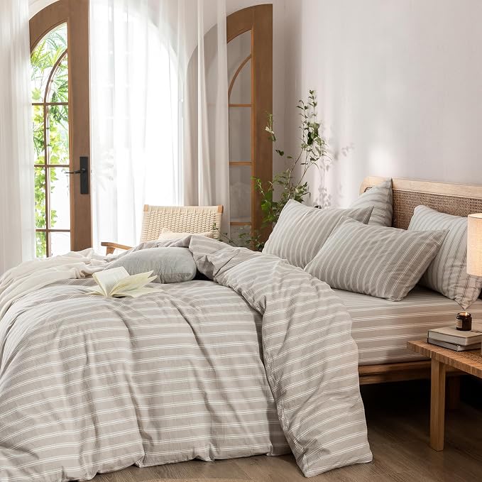 BESTOUCH Striped Cotton Duvet Cover Set Linen Feel California King | 100% Washed Cotton, Soft Wrinkle Texture, Hidden Zipper, 8 Ties, Breathable Lightweight Durable Comfy, 3 Pcs No Insert