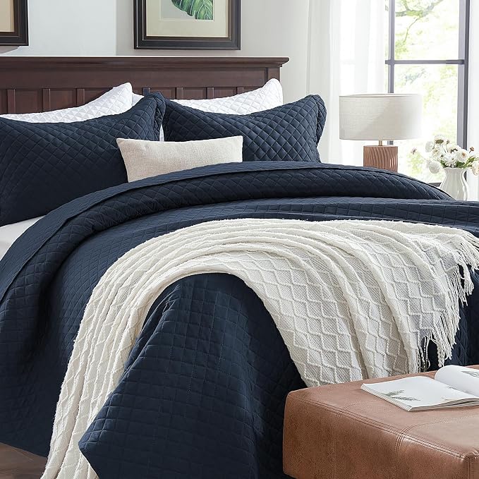 SunStyle Home Queen Quilt Bedding Set, Lightweight Summer Bedspreads,Navy | Soft Coverlet With 2 Pillow Shams,Morden Style Quilts for All Season, Suitable for Bed,Couch,Bedroom,Guest Room,90"X96"