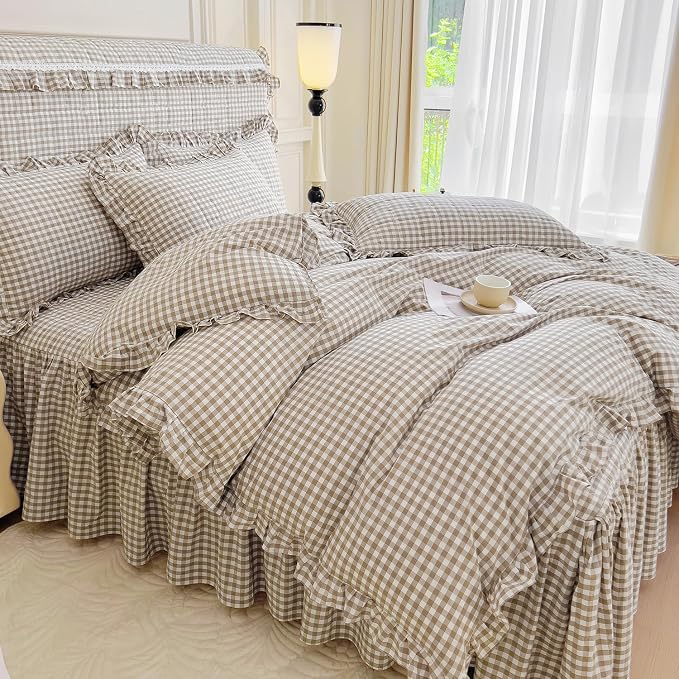 LifeTB Tan Gingham Comforter Set Twin XL Vintage Ruffle Taupe Plaid Checkered Comforter Set 3 Pieces Soft Fluffy Beige Grid Bed Comforter with 2 Pillowcases Farmhouse Gingham Bedding Set