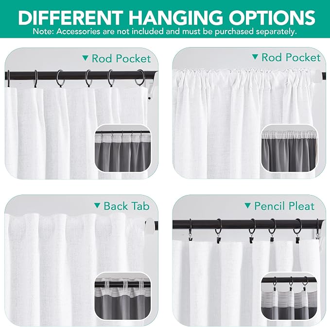 Deconovo 100% Blackout Curtains for Bedroom, Linen Textured Thermal Insulated Drapes with 20 Clip Rings, Noise Reducing Curtains for Nursery, Set of 2, White, 52 x 63 Inch, 2 Panels