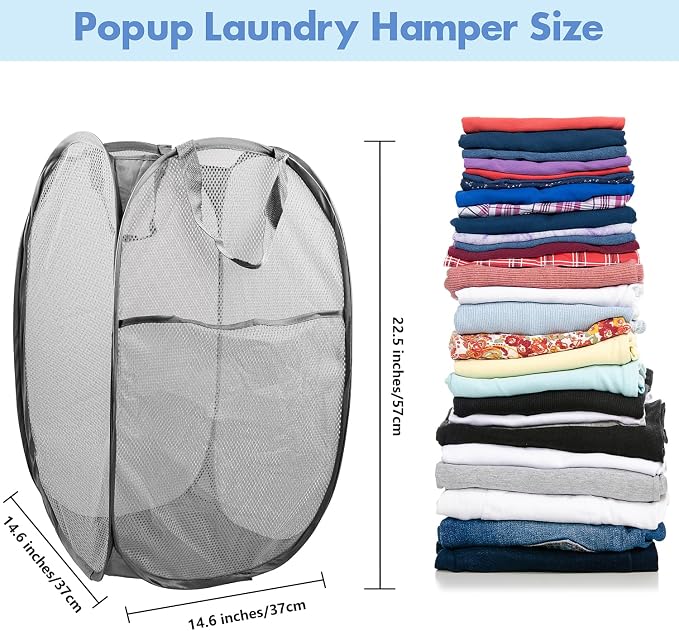 2 Pack Pop Up Laundry Hampers, 70 L Collapsible Foldable Mesh Basket, Gray | Reinforced handles, breathable fabric, foldable, portable for dorm college travel camping cruise, dirty clothes, toys storage