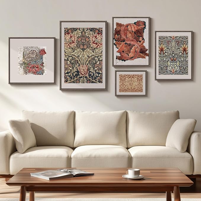Large Framed William Morris Vintage Wall Art for Living Room, 5 Piece | Fine art, Canvas, Colorful, Botanical, Floral, Aesthetic, Easy to hang, Waterproof, Bedroom/Office/Hallway/Wall decor