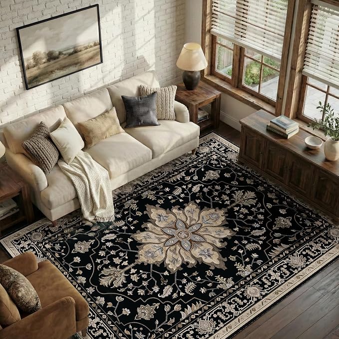 RELEANY Washable Area Rug, 5'x7', Black/Neutral | Non-Slip, Water Repellent, Pet Friendly, Easy to Clean, Vintage Floral Boho Decor for Living Room Bedroom Dining Room Office