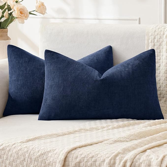 MIULEE Navy Chenille Couch Lumbar Throw Pillow Covers, 12x20 | Set of 2, Soft Coastal Home Decor, Modern Farmhouse Decorative Pillowcases for Sofa Living Room Bed