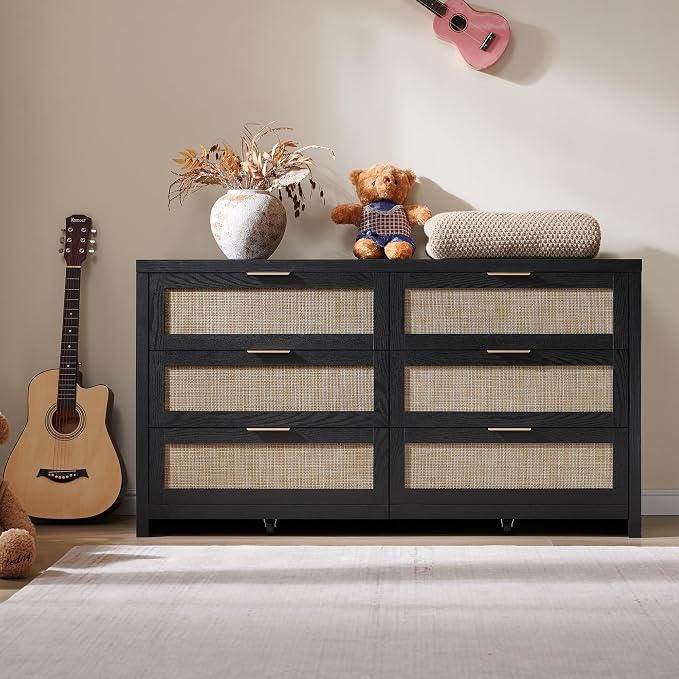 SICOTAS Rattan Dresser for Bedroom, 57" Wide 6 Drawer Dresser | Dressers with Ample Storage, Large Chest of Drawers, Closet, Boho TV Stand for Bedroom, Black Oak, 1 Piece