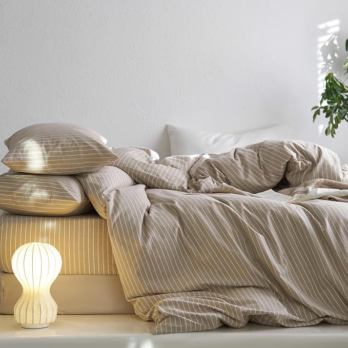 MooMee Striped Duvet Cover Set 100% Washed Cotton Linen Like | Relaxed Linen-like Texture. Soft, Breathable & Long-lasting Comfort. Lightweight. Hidden Zipper with 8 Interior Corner Ties