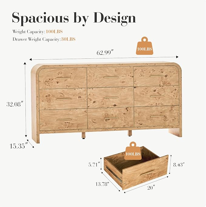 Curved 9-Drawer Dresser for Bedroom, 63" Wide Modern Chest of Drawers, Vanity Desk TV Stand for Living Room, Closet Storage Drawers Organizer Furniture, Nursery, Hallway, Light Burl
