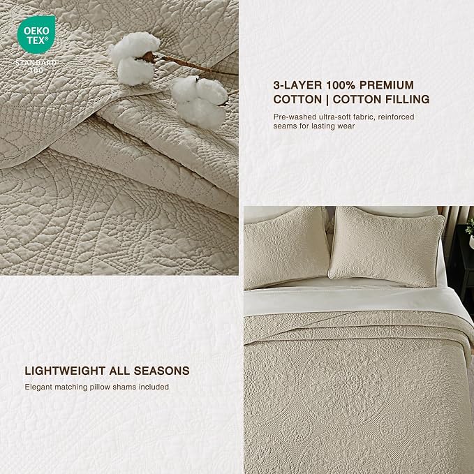 GOONE 100% Cotton Oversized King Quilt Set 112"x106" Light Beige | Lightweight Breathable Oversized Bedspread Coverlet for Summer, Farmhouse Stitched Medallion Pattern Bedding Set with 2 Shams
