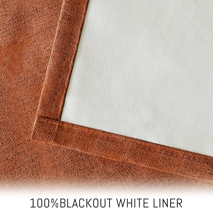 Yakamok Burnt Orange Linen Curtains 84 Inches Long for Living Room | 100% Blackout Curtains,Room Darkening Curtains,Thermal Grommet Bedroom Curtain 2 Panels with Greyish White Liner,52W x 84L