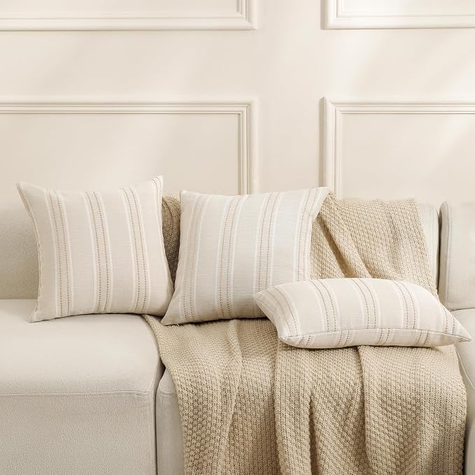 Hckot Striped Throw Pillow Covers 20x20 Set of 2 Neutral Pillow Cover Khaki | Textured Linen Decorative Pillowcase Square Cushion Covers for Couch Bed Living Room Farmhouse Decor