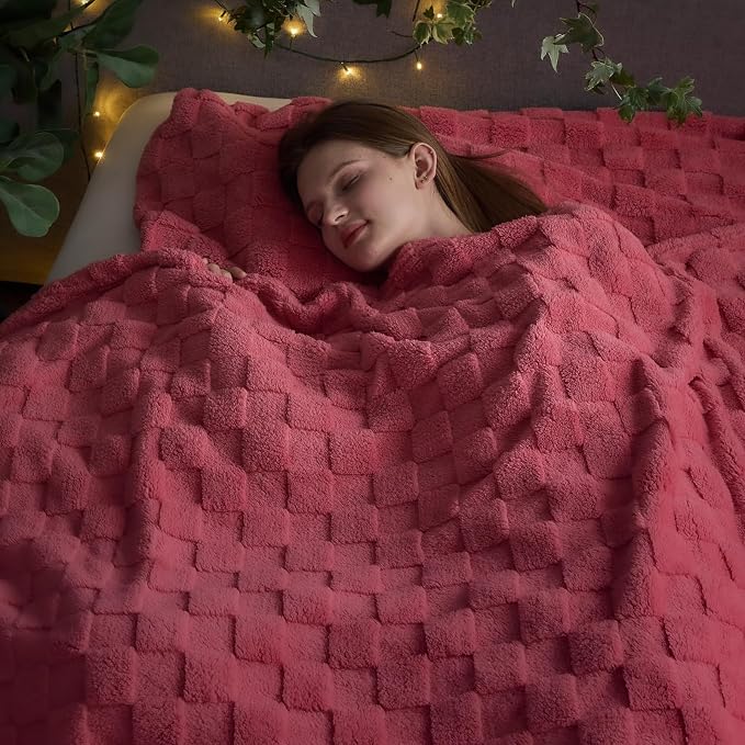 NEWCOSPLAY 3D Checkered Flannel Queen Blanket, Coral Pink, 90"x90" | Super Soft Cute Lightweight Decorative Premium Silky Fleece Blanket for Couch Sofa Bed, Gift for Women Men, All Season Use
