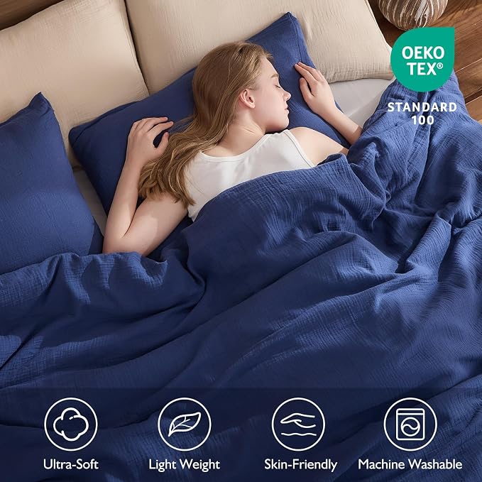 EMME Muslin Cotton Duvet Cover Set King Size Linen Like Soft Breathable Lightweight Summer Comforter Cover Set with Zipper Closure (Navy, King, 104"x90")