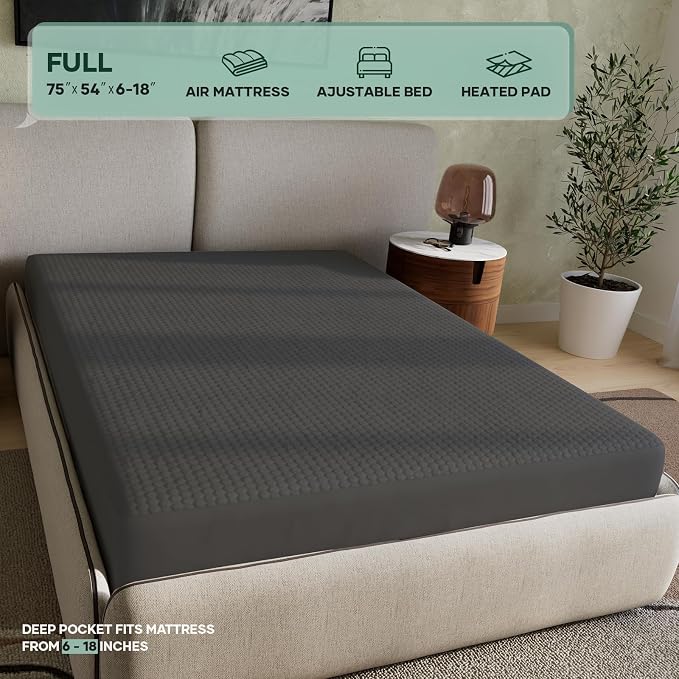 OhGeni 100% Waterproof Mattress Protector, Full-Gray Size Mattress Pad, Fits 6"-20" Mattresses with Deep Pocket, Cooling, Breathable Fitted Sheets, Washable Bed Cover Over 99 Count Hex Bumps