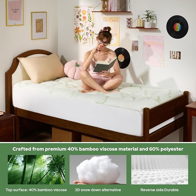 BEDLORE Twin XL Mattress Topper Viscose Bamboo, Pillow Top Mattress Pad | Deep Pockets Fit 6”-15” Mattress, Soft Breathable Thick Dorm-Size Mattress Topper for Students and Hot Sleepers(Green)