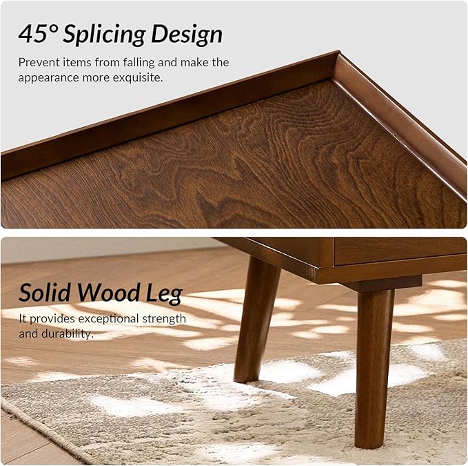 HULALA HOME 2-Drawer End Table with Charge Station, Walnut | Mid-Century Modern Style, Pull-Out Shelf, Wood Legs, Cable Management