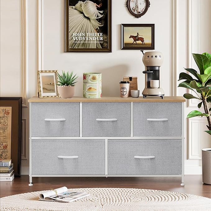 5-Drawer Dresser for Bedroom, Anti-Tip Wide Storage Organizer Fabric | Chest of Drawers TV Stand for 45" TV with Wooden Top and Metal Frame for Closet, Living Room, Hallway, Entryway, Light Gray