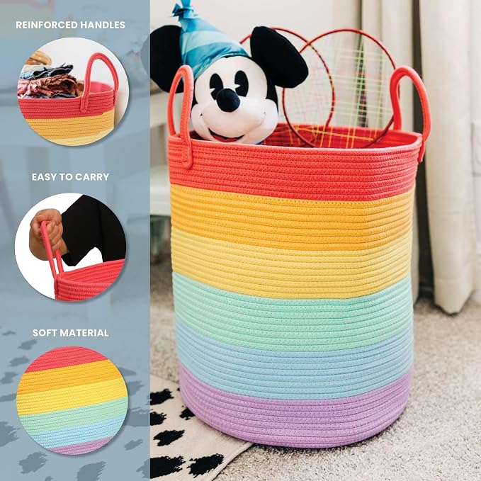 OrganiHaus Rainbow Laundry Basket & Hamper, Nursery Playroom 52L | Rainbow - Rainbow Cotton Rope Hamper, Nursery 52L